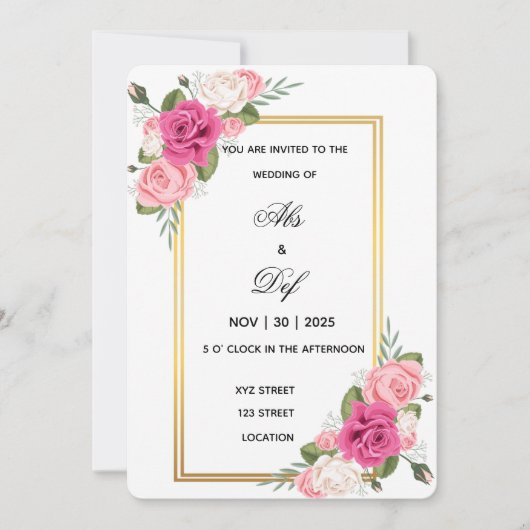 Elegant Floral Gold Frame Wedding Invitation  Kaart (Voorkant)
