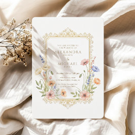 Elegant Floral Gold Frame Wedding Invitation Kaart