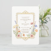Elegant Floral Gold Frame Wedding Invitation Kaart (Staand voorkant)