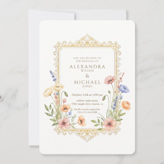 Elegant Floral Gold Frame Wedding Invitation Kaart (Voorkant)