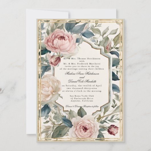 Elegant Floral Gold  Frans Classic Bruiloft Kaart (Voorkant)