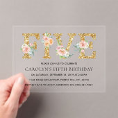 Elegant Floral Gold Glitter 5th Birthday Acryl Uitnodigingen (Insitu (Draagbaar))