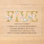 Elegant Floral Gold Glitter 5th Birthday Acryl Uitnodigingen (Voorkant)