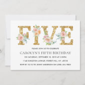 Elegant Floral Gold Glitter 5th Birthday Kaart (Voorkant)