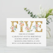 Elegant Floral Gold Glitter 5th Birthday Kaart (Staand voorkant)
