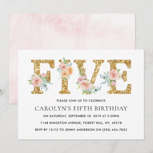 Elegant Floral Gold Glitter 5th Birthday Kaart (Voorkant / Achterkant)
