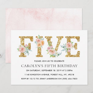 Elegant Floral Gold Glitter 5th Birthday Kaart