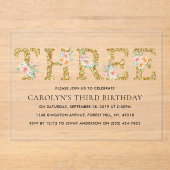 Elegant Floral Gold Glitter DRIE 3e verjaardag Acryl Uitnodigingen (Voorkant)