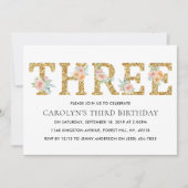 Elegant Floral Gold Glitter DRIE 3e verjaardag Kaart (Voorkant)