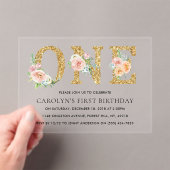 Elegant Floral Gold Glitter ONE 1e verjaardag Acryl Uitnodigingen (Insitu (Draagbaar))
