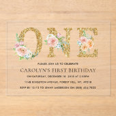 Elegant Floral Gold Glitter ONE 1e verjaardag Acryl Uitnodigingen (Voorkant)