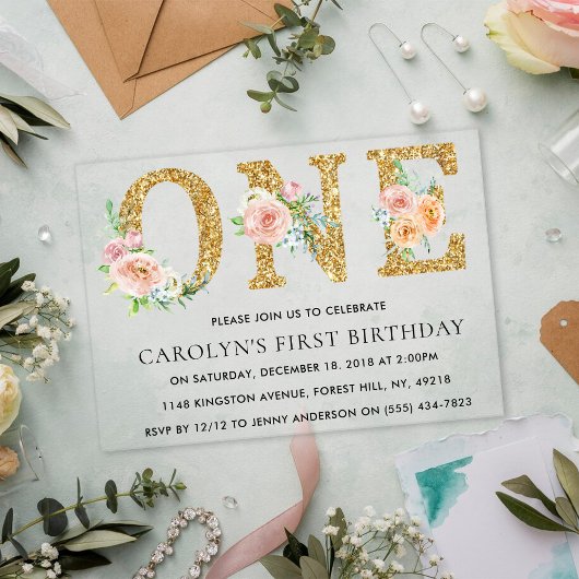 Elegant Floral Gold Glitter ONE 1e verjaardag Acryl Uitnodigingen