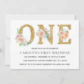 Elegant Floral Gold Glitter ONE 1e verjaardag Kaart (Voorkant)