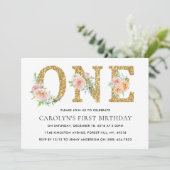 Elegant Floral Gold Glitter ONE 1e verjaardag Kaart (Staand voorkant)