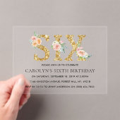 Elegant Floral Gold Glitter SIX 6e verjaardag Acryl Uitnodigingen (Insitu (Draagbaar))