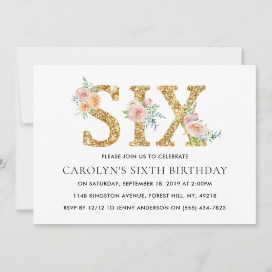 Elegant Floral Gold Glitter SIX 6e verjaardag Kaart (Voorkant)