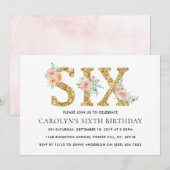 Elegant Floral Gold Glitter SIX 6e verjaardag Kaart (Voorkant / Achterkant)