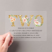Elegant Floral Gold Glitter TWEE 2e verjaardag Acryl Uitnodigingen (Insitu (Draagbaar))