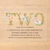 Elegant Floral Gold Glitter TWEE 2e verjaardag Acryl Uitnodigingen (Voorkant)