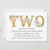 Elegant Floral Gold Glitter TWEE 2e verjaardag Kaart (Voorkant)