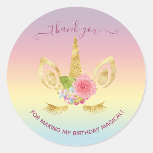 Elegant floral gold glitter unicorn bedankt ronde sticker