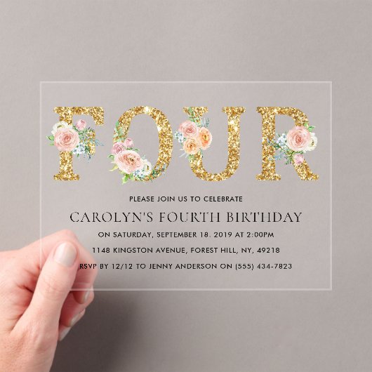 Elegant Floral Gold Glitter VIER 4e verjaardag Acryl Uitnodigingen (Insitu (Draagbaar))