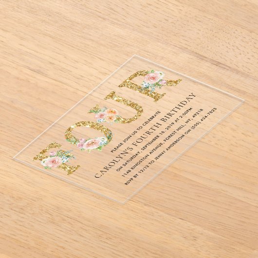 Elegant Floral Gold Glitter VIER 4e verjaardag Acryl Uitnodigingen (Laagn)