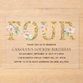 Elegant Floral Gold Glitter VIER 4e verjaardag Acryl Uitnodigingen (Voorkant)