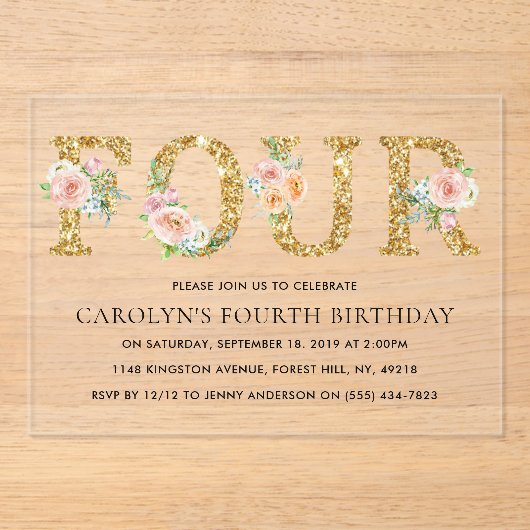 Elegant Floral Gold Glitter VIER 4e verjaardag Acryl Uitnodigingen (Voorkant)