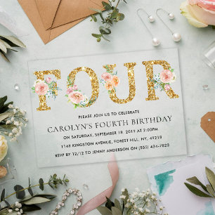 Elegant Floral Gold Glitter VIER 4e verjaardag Acryl Uitnodigingen