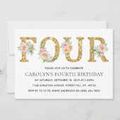 Elegant Floral Gold Glitter VIER 4e verjaardag Kaart (Voorkant)