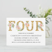 Elegant Floral Gold Glitter VIER 4e verjaardag Kaart (Staand voorkant)