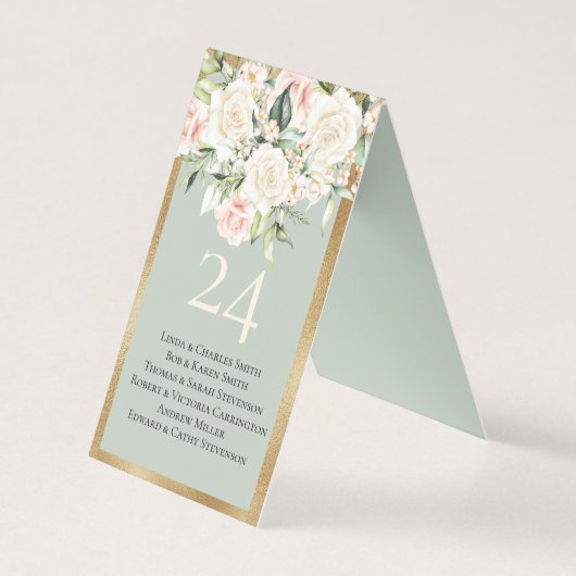 Elegant Floral Gold Green Name Table Number Kaart (Voorkant)