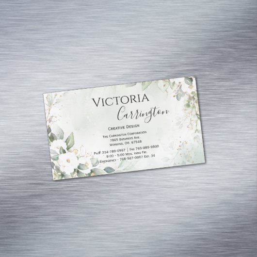 Elegant Floral Gold Green Script Professional Magnetisch Visitekaartje (Voorbeeld)