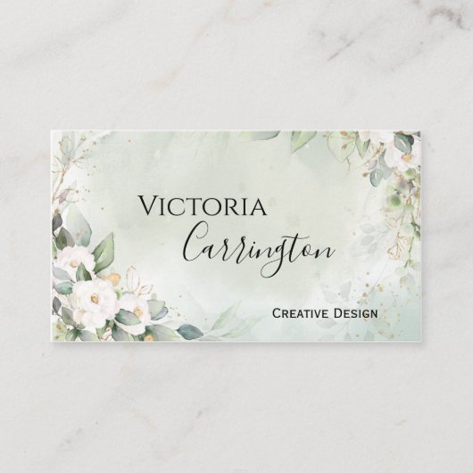 Elegant Floral Gold Green Script Professional Visitekaartje (Voorkant)