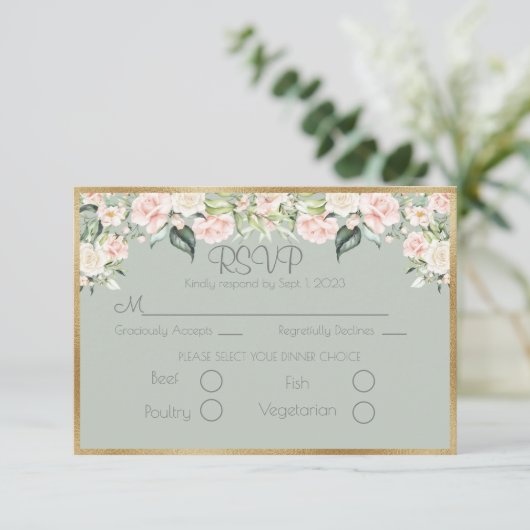 Elegant Floral Gold Green Script Weddenschap RSVP (Staand voorkant)