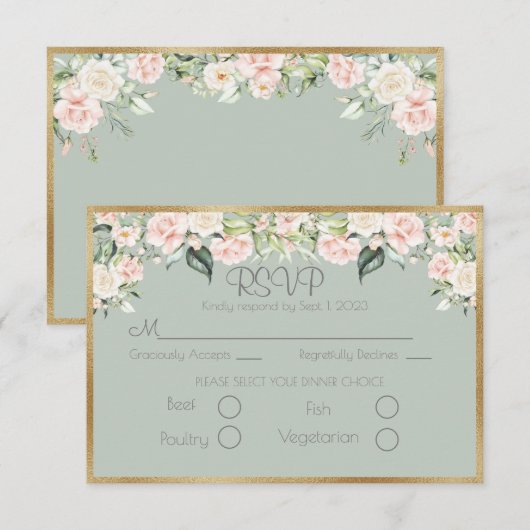 Elegant Floral Gold Green Script Weddenschap RSVP Kaartje (Voorkant / Achterkant)