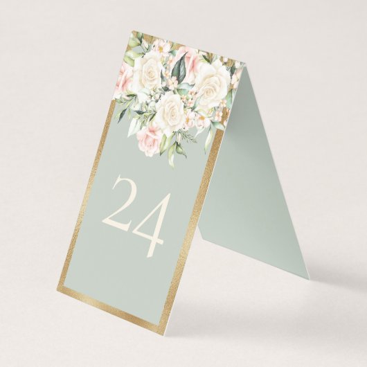 Elegant Floral Gold Green Wedding Table Number Kaart (Voorkant)