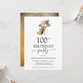 Elegant Floral Gold High Heels 100th Birthday Kaart