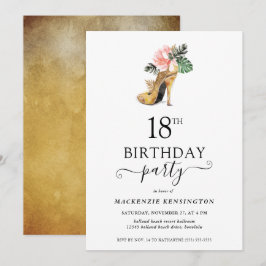Elegant Floral Gold High Heels 18th Birthday Kaart