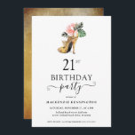 Elegant Floral Gold High Heels 21st Birthday Kaart<br><div class="desc">Moderne Elegant Gold Tropical Floral Gold High Heels 21st Birthday Party Invitation met onze glamoureuze glitzy waterverf Gold high heel hak omgeven door roze en groene tropische bloemen. De achtergrond is een luxueuze waterverf goudwas. Eenvoudig aan te passen met uw informatie voor een eenvoudige elegante uitnodiging voor verjaardagsfeestjes. Neem contact...</div>