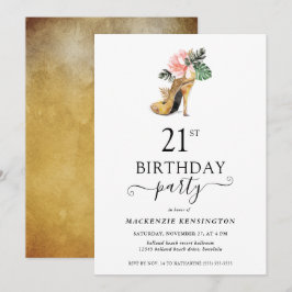 Elegant Floral Gold High Heels 21st Birthday Kaart