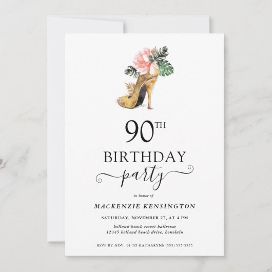 Elegant Floral Gold High Heels 90th Birthday Kaart (Voorkant)