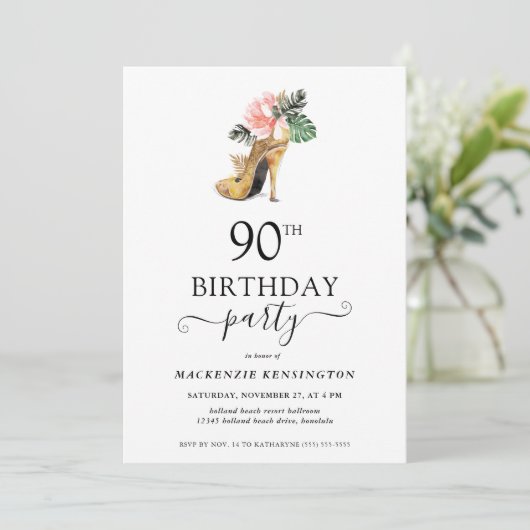 Elegant Floral Gold High Heels 90th Birthday Kaart (Staand voorkant)