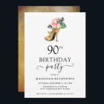 Elegant Floral Gold High Heels 90th Birthday Kaart<br><div class="desc">Moderne Elegant Gold Tropical Floral Gold High Heels 90th Birthday Party Invitation met onze glamoureuze glitzy waterverf Gold high heel hak omgeven door roze en groene tropische bloemen. De achtergrond is een luxueuze waterverf goudwas. Eenvoudig aan te passen met uw informatie voor een eenvoudige elegante uitnodiging voor verjaardagsfeestjes. Neem contact...</div>