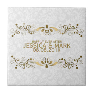 Elegant Floral Gold Lace met witte Damaskers 2a Tegeltje