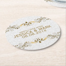 Elegant Floral Gold Lace met witte dampen 2 Ronde Kartonnen Onderzetter