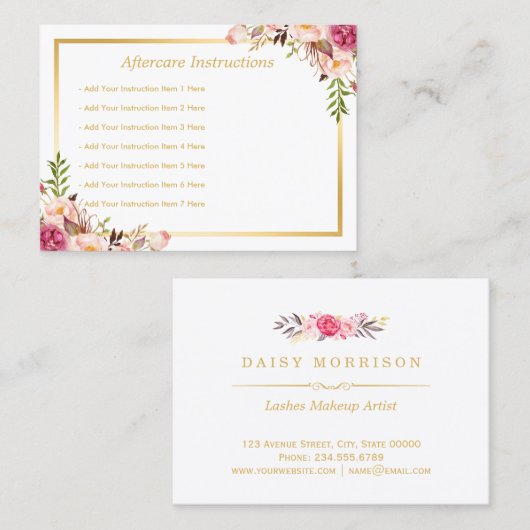 Elegant Floral Gold Lash Salon Aftercare Kaart Visitekaartje (Voorkant / Achterkant)