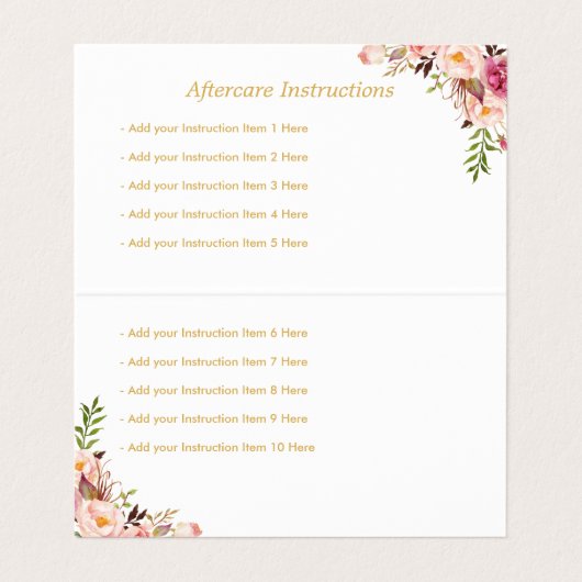 Elegant Floral Gold Lash Salon Aftercare Visitekaartje (Binnenkant ongevouwen)