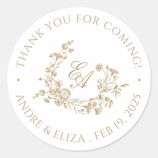 Elegant Floral Gold Monogram Classic Ronde Sticker (Voorkant)